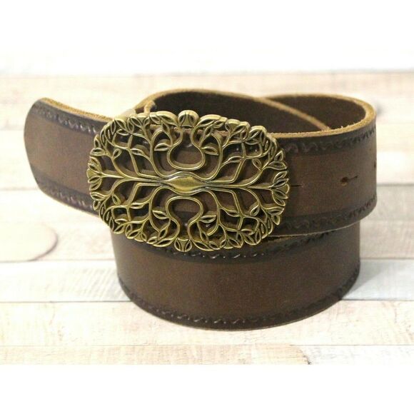 BROWN GENUINE LEATHER HOOK BUCKLE EMBOSSED CASUAL 1.5"Wd WOMEN'S BELT S/M (M37 - Picture 5 of 9